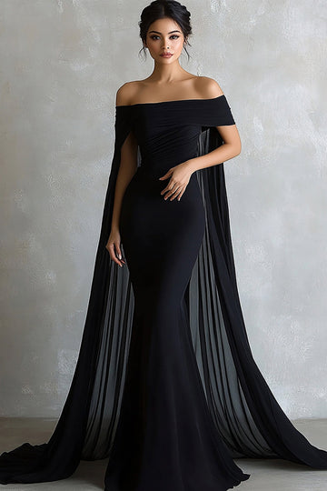 Black Satin Mermaid Off the Shoulder Long Formal Dress with Cape